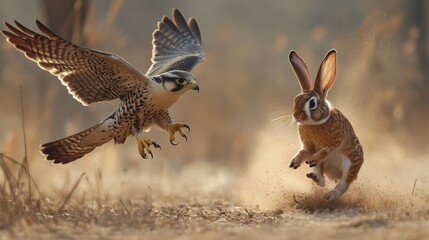 Obraz premium Falcon diving at a rabbit in a dusty field. Dramatic wildlife interaction with predator-prey pursuit in a natural environment.