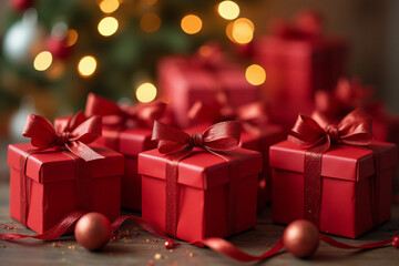 Fototapeta premium red presents bows decorations bring cheer room holiday season every year