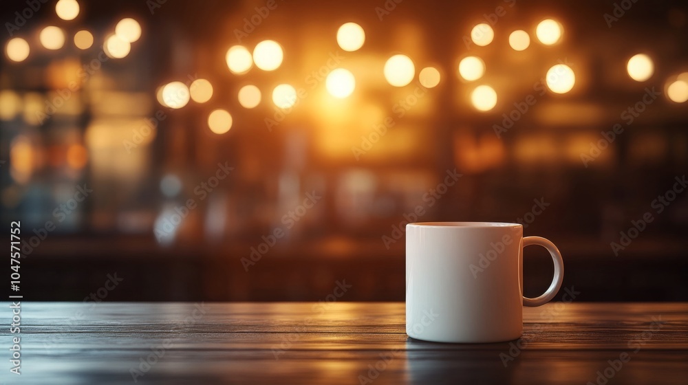 Poster A steaming cup of coffee sits alone on a rustic wooden table. The background features warm, soft lighting, creating a relaxed atmosphere in the cafe, perfect for enjoying a quiet moment.
