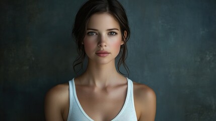 Fototapeta premium Beautiful woman in white t-shirt Women's breasts dark light background