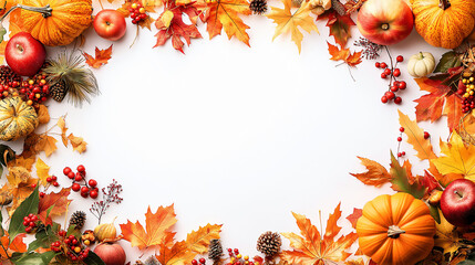 Fototapeta premium copy space of White background with a colorful autumn scene of apples, pumpkins, and leaves,banner concept