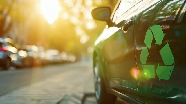 A green car with a recycling symbol parked on a sunlit street in an urban area during the late afternoon