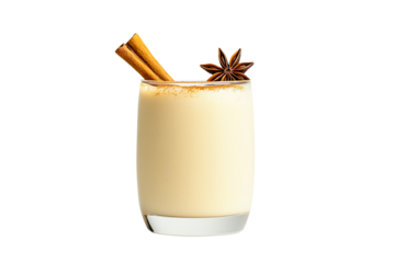 A glass filled with creamy eggnog topped with cinnamon and spice, isolated on transparent white background, concept of comfort drink