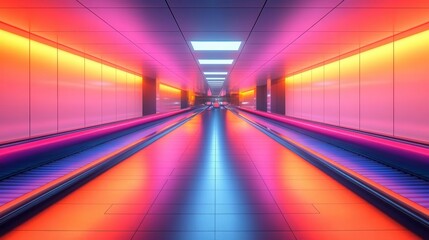 Fototapeta premium conveyor belts transport vibrant packages in a sleek, modern warehouse, showcasing dynamic efficiency and intricate logistics under bright, fluorescent lighting