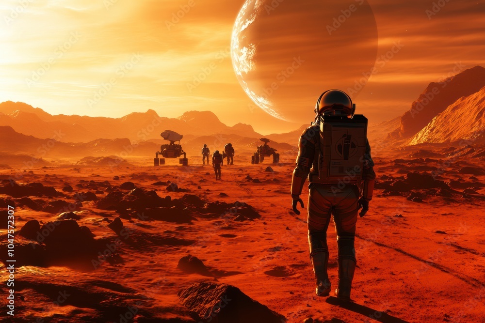 Aufkleber an astronaut walks through the red martian terrain alongside robotic rovers, highlighting a new era 