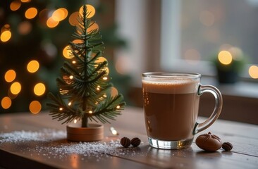 Obraz premium Enamel cup of hot cocoa with mini marshmallows and cinnamon bark. Pine boughs and gray scarf against a rustic background with beautiful Christmas lights of bokeh with falling Snow.