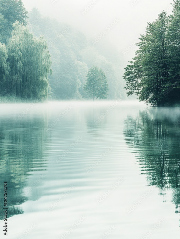 Aufkleber the serene lake is shrouded in mist, with trees lining the banks creating a peaceful atmosphere at d
