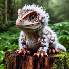 real baby dinosaur on tree stump