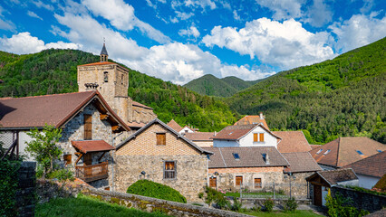 Isaba (Izaba), Navarre, Spain: Stone houses and the belfry church in the medieval village
