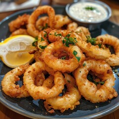 A plate of kalamari, crispy fried squid rings served with a wedge of lemon and a side of garlic mayo