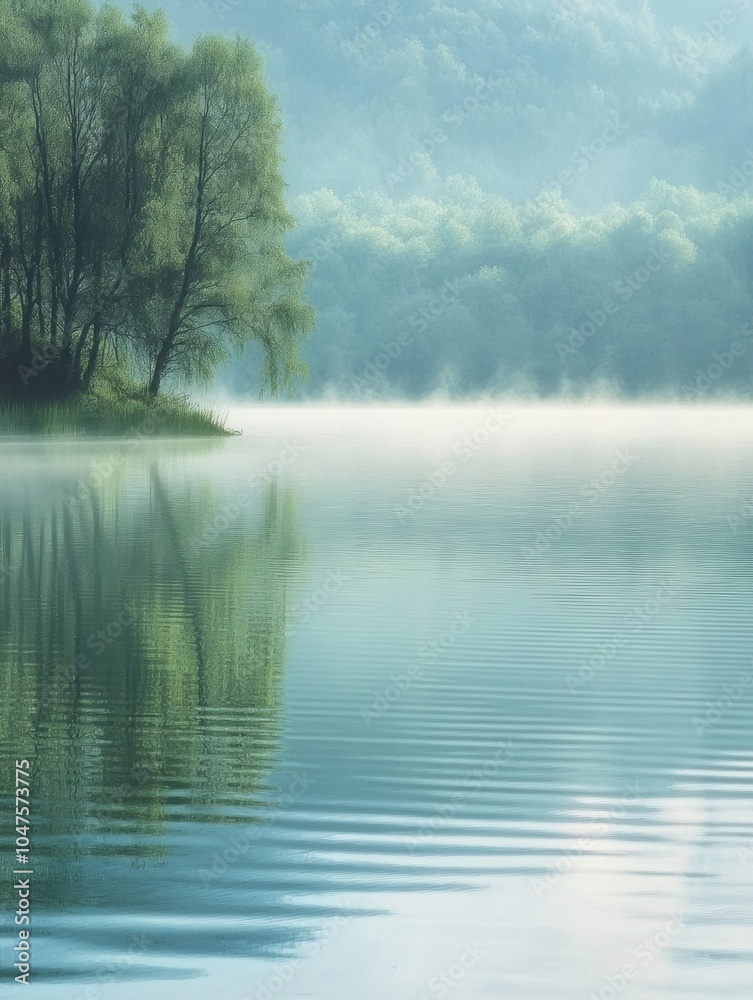 Poster morning mist gently rises above the serene lake, creating a calming atmosphere with reflections of t