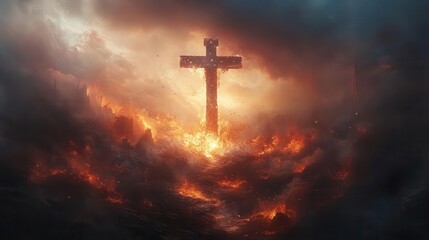 Fototapeta premium cross of jesus adorned with the american flag, billowing in the wind, symbolizes christianity's influence on american patriotism, set against a dramatic sky reflecting unity and faith