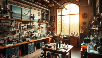 Creative workshop with natural light and vintage tools
