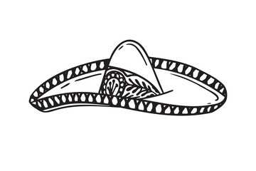 Hand drawn Mariachi hat illustration. Doodle mariachi hat. Sketch of mariachi hat isolated on white background. Sketch of sombrero. Vector illustration.