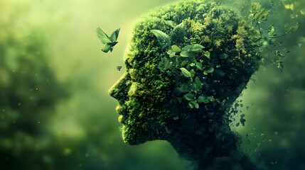 A lush green face with leaves growing from it.