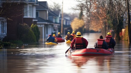 people evacuate with boats. hurricane damage