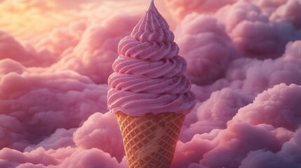 delicious pink mist cream cone floating among fluffy clouds at twilight, creating a whimsical dessert fantasy filled with soft pastel colors and dreamy ambiance