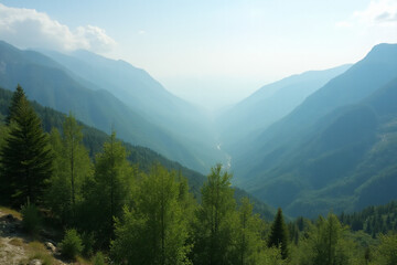 Fototapeta premium serene mountainous landscape features lush green trees vast open wilderness areas beautiful panoramic view