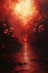 A dark, fiery landscape featuring ominous skulls and a glowing horizon, creating an eerie, apocalyptic atmosphere.