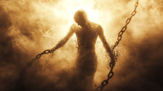 A silhouette of a person breaking free from chains, surrounded by a golden mist, symbolizing liberation and strength.