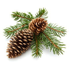 Fototapeta premium Fir Tree Branch with Pine Cone Against Pristine White Background