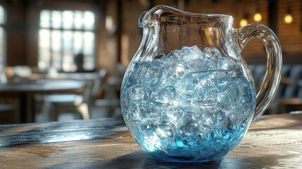 A glass pitcher filled with ice and a blue liquid sits on a wooden table in a restaurant.