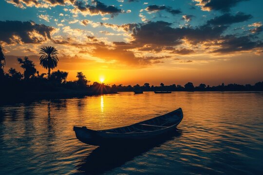 Evening Scene at Niger River in Bamako, Mali: Sunset, Punt and Boat in West Africa