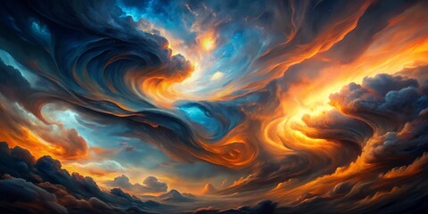 Fototapeta premium Abstract Sky with Swirling Clouds in Orange and Blue Hues, abstract , landscape