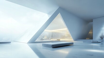 Futuristic interior featuring sleek lines and geometric designs, illuminated by natural light creating a serene atmosphere.