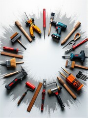 An artistic arrangement of tools creating a dynamic circle in a workshop setting, showcasing creativity and craftsmanship. Illustration.
