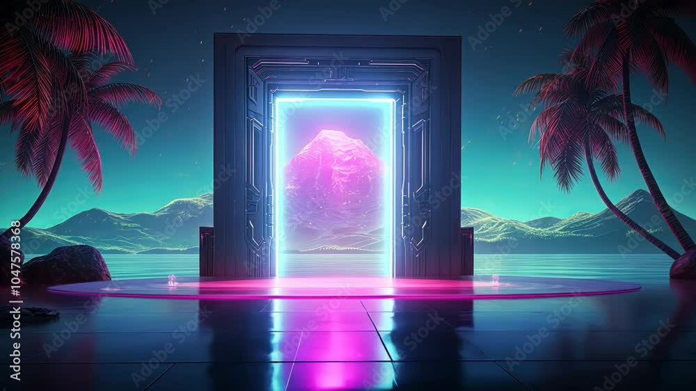 Poster mysterious door or portal with neon light in the jungle in synthwave style