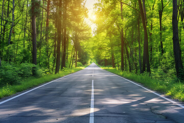 Obraz premium Tranquil nature landscape: scenic forest road with trees, highway, and path