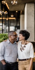 A man and woman are smiling at the camera in a public place. The man is wearing a white shirt and the woman is wearing a white shirt and brown pants