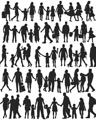 Silhouettes of a family holding hands on a white background
