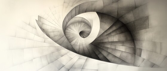 Fototapeta premium An abstract artwork featuring a spiral staircase design in grayscale, creating a sense of depth and perspective.