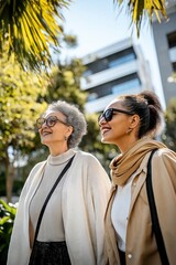 Two women walking down a street, one wearing a white jacket and the other wearing a tan jacket