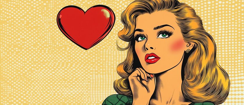 A retro pop art illustration featuring a glamorous woman with a heart, symbolizing love and admiration in vibrant colors.