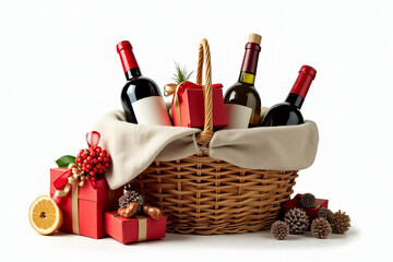 white background christmas gift basket contains wine treats assorted gifts png format