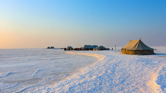 A panoramic view of the rann of kutch during the white desert festival, with tents and cultural performances against the vast white salt flats. Salt Flats. Illustration