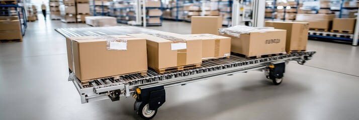 A cart full of boxes is being pushed through a warehouse. The boxes are stacked on top of each other and are labeled with different numbers. Concept of organization and efficiency