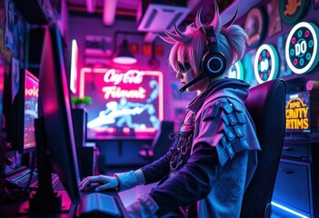Fototapeta premium Neon gamer in a high-tech environment
