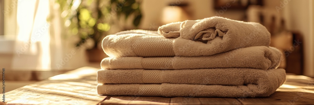 Aufkleber neatly stacked towels rest on a rustic wooden table, illuminated by warm sunlight in a tranquil home