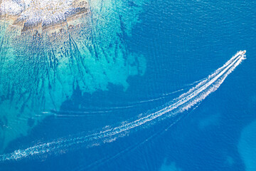 Croatia, Istria, Pula, aerial view to coastline with boats and seaground