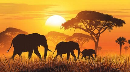Fototapeta premium Elephants stroll across the golden savanna during sunset, surrounded by silhouettes of acacia trees and long grass. Generative AI