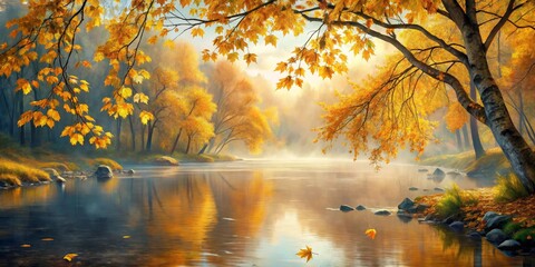 Obraz premium Golden Autumn River, Foggy, Leaves ,Autumn, Nature