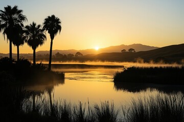 A beautiful sunset over a lake with palm trees in the background