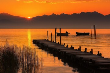 A sunset over a body of water with a pier and two boats
