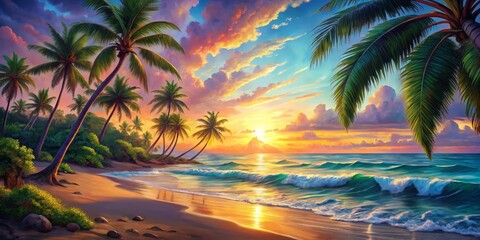 Golden Sunset Over Palm Trees and Beach, tropical, paradise