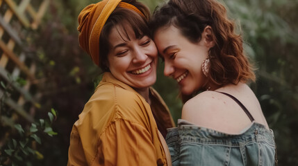 Obraz premium two happy lesbian woman hugging, lgbt relationships of happy female, cheerful girl couple embrace at nature