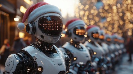 Fototapeta premium Robots in Santa Hats Automating Gift Wrapping: A Fun and Festive View into Modern Technology's Role in Holiday Celebrations and Gift Preparation